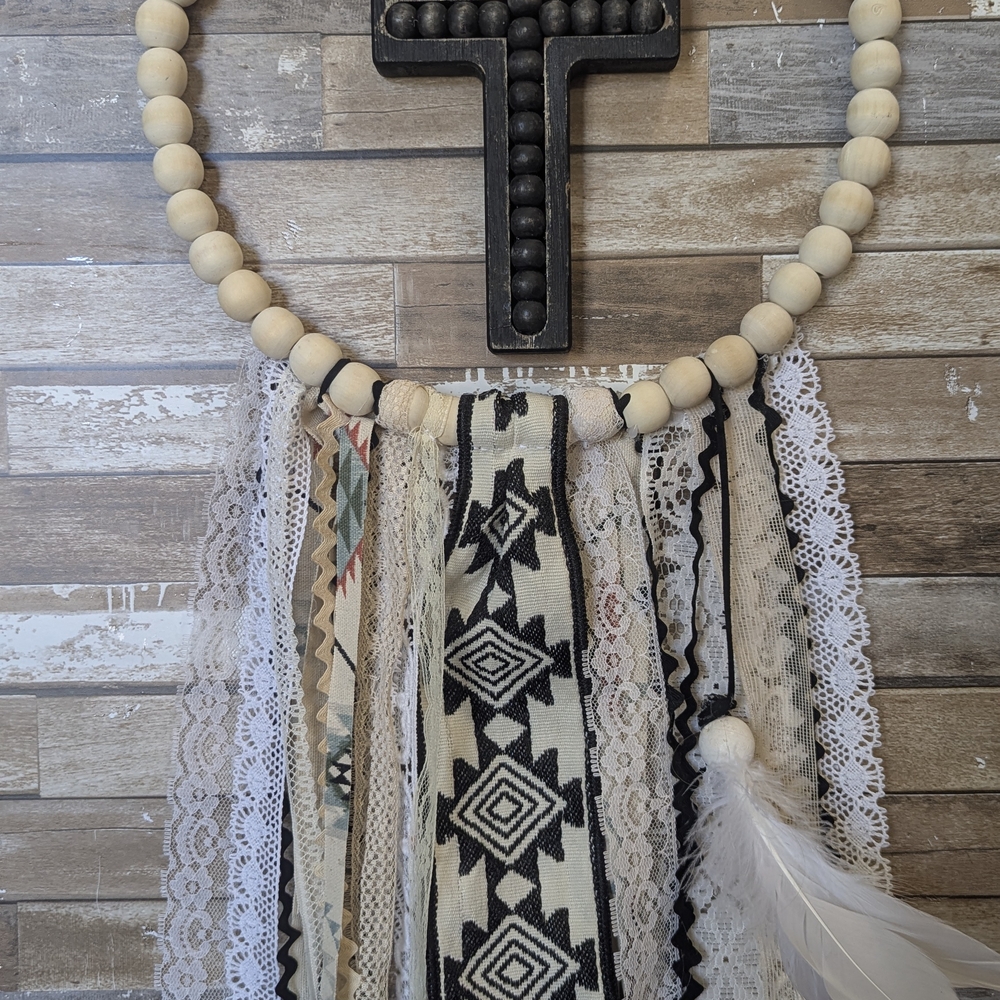 New Handcrafted Boho Dreamcatcher With Rustic Wooden Cross & Feathers - Picture 6 of 9